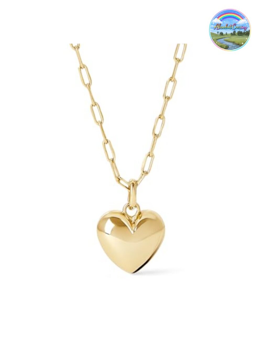 14K Gold Plated Puffed Heart Pendant Necklace with Paperclip Chain